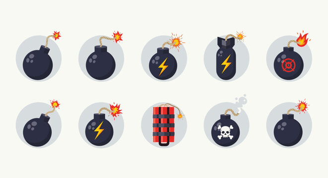 Collection of cartoon bomb icons including round fuses, missiles, and dynamite bundles with sparkling fire wicks.
