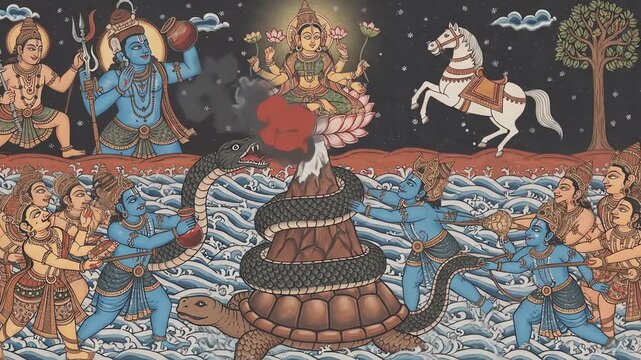 Vibrant Indian miniature painting depicting the Samudra Manthan, the Hindu myth of the churning of the cosmic ocean.