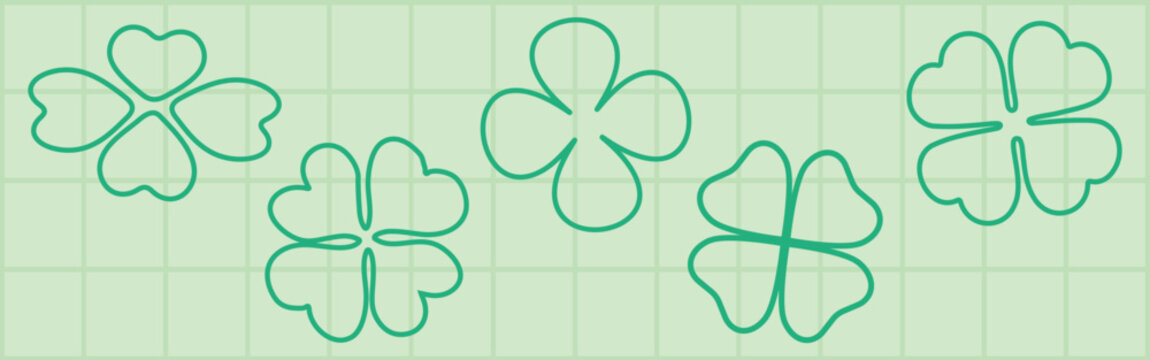 Green clover patterns on a light green grid. Clover designs repeat, showcasing various clover shapes. Clover motifs add a lucky charm theme. Isolated illustration elements, vector set.
