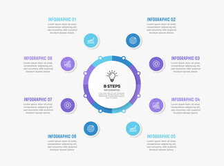 Naklejka premium Vector infographic label design with circle infographics template design and 8 options or steps. Can be used for process diagram, presentations, workflow layout, banner, flow chart, info graph.