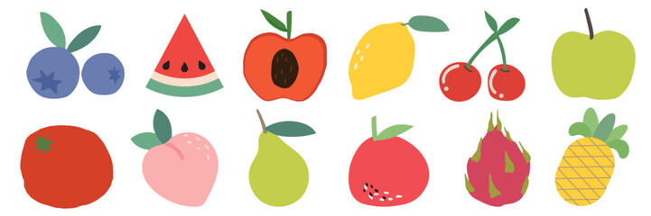 Naklejka premium Colorful fruit illustrations featuring watermelon, lemon, apple, cherry, and pineapple. Bright fruit drawings with vibrant colors and playful fruit designs. Cute food vector illustration set.