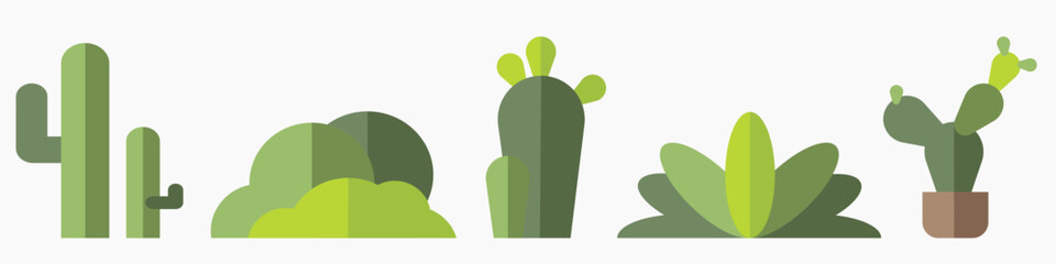 Vector illustration of green cacti and succulents. Cacti in various shapes. Succulents with leaves. Green plants in a row. Cacti and succulents in a line. Nature vector illustration set. © Rawpixel.com