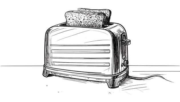 A black and white sketch of a toaster with bread inside