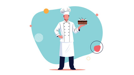 Obraz premium Professional male chef wearing a white uniform and hat holding a delicious chocolate cherry cake on a platter against a blue background.