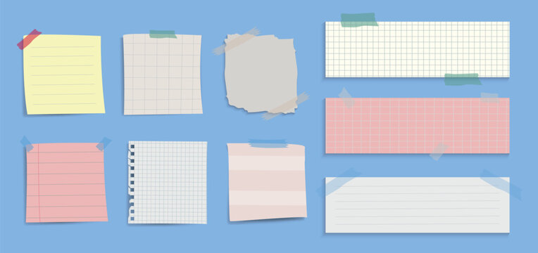 Collection of colorful sticky notes and papers on a blue background. Sticky notes in various sizes and colors. Papers with grid and lined patterns. Cute memo vector illustration set.