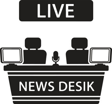 Live news desk setup with two anchors and a microphone for news broadcast