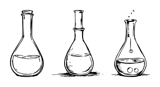 Glass alembic set with rough sketchy art on white background featuring distillation equipment, glassware, laboratory tools with alembic and laboratory