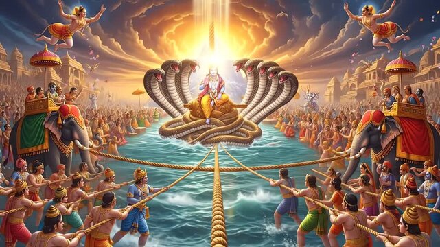 Grand depiction of Samudra manthan, the mythical churning of the cosmic ocean by gods and demons, with Vishnu at the center.