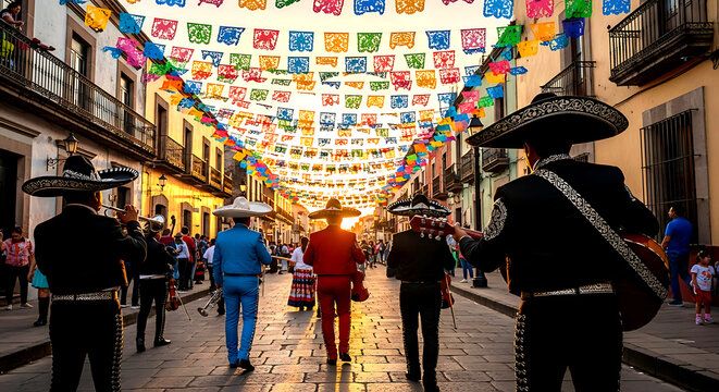 Mariachi musicians performing and walking down a vibrant traditional festive street adorned with colorful papel picado at sunset.