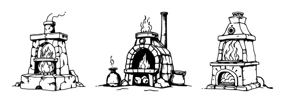 Alchemical furnace set with sketchy line art detail featuring furnace, alchemy, diagram with white background and illustration