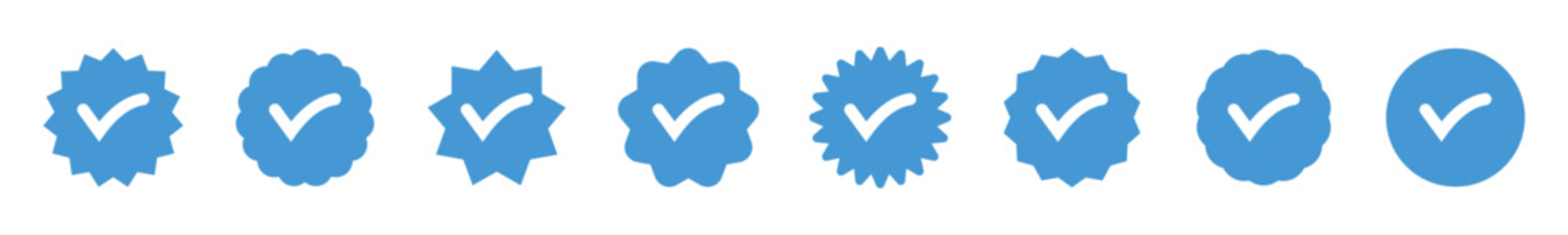 Varified icon set.Account verify icon.Blue Verified badge icon set.Blue tick check with social media account icon.Verified badge icon with check mark tick symbol,confirmed,approved,verification icons.