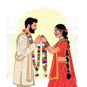 Illustration of Indian bride and groom exchanging colorful garlands in ceremony