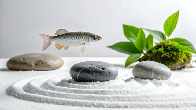 A fish floats over zen garden rocks, plants. Sandy ripples. Calm, peaceful scene