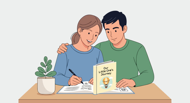 A young happy couple writing together in a baby memory book at home on the table