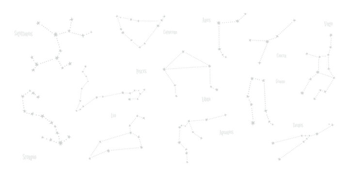 Illustration of 12 zodiac constellations on a white background. Constellations like Aries, Taurus, and Gemini are shown. Zodiac signs depicted with stars. Vector element set.
