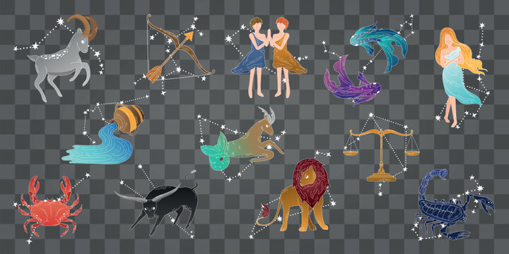 Colorful zodiac signs on a transparent background. Includes Capricorn, Sagittarius, Gemini, Pisces, Aquarius, Taurus, Libra, Leo, Scorpio, Cancer, Virgo, Aries. Vector element set.