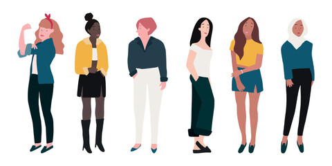 Obraz premium Illustration of diverse women in various outfits. Includes women of different ethnicities and styles. Fashionable women in casual and formal attire. People illustrations, isolated element vector set.