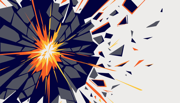 A vibrant vector graphic illustration of an explosion with orange and yellow lines radiating from a bright center, shattering dark blue and gray shapes.