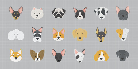 Naklejka premium Illustrated dog faces, various breeds, cartoon style. Includes pugs, bulldogs, terriers. Cute dog faces, diverse breeds, cartoon dog illustrations. Animal illustrations, isolated element vector set.