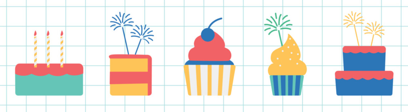 Colorful cake illustrations with candles and sprinkles. Cupcakes and layered cakes in vibrant designs. Festive cake icons on a grid background. Party illustrations, isolated element vector set.