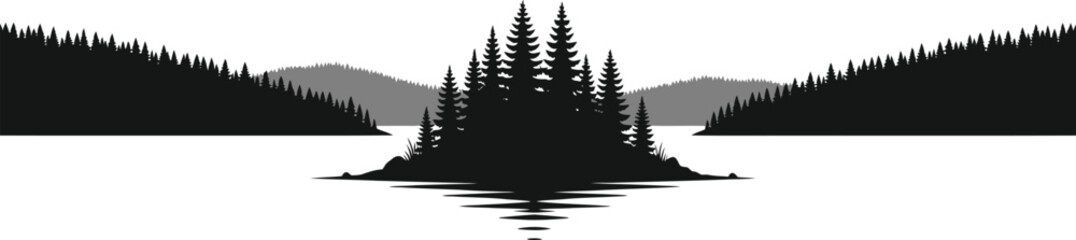 Obraz premium Pine Forest Reflection Lake Silhouette Vector Landscape Nature Background Illustration