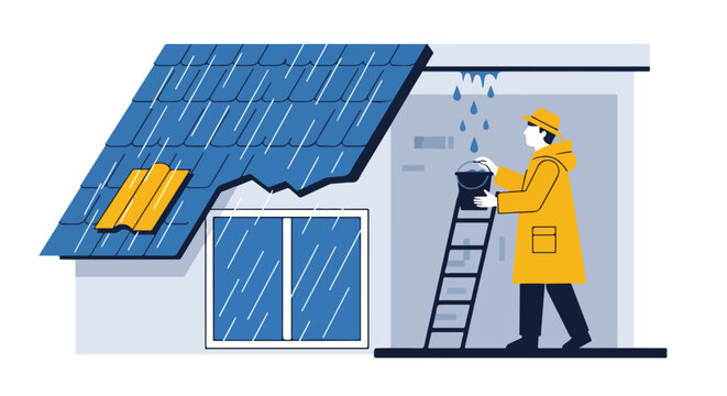 Man on ladder catches water from a leaking roof in a bucket during heavy rain