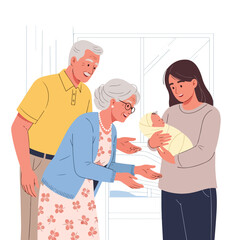 Fototapeta premium Grandparents visiting a new mother holding a swaddled infant in a hospital room