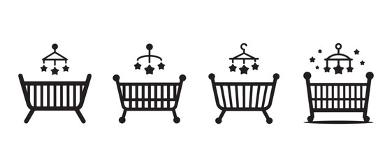 Naklejka premium Set of Baby Crib and Mobile Icons. in Black Line Art Style for Nursery Care and Sleep Design.