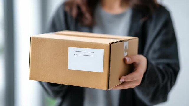 Close up of a person holding a cardboard box with a blank shipping label, ready for delivery or shipping. The focus is on the package, symbolizing e commerce and logistics