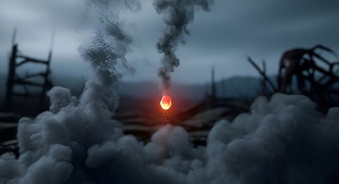 Mysterious Glowing Orb Emitting Smoke in a Post-Apocalyptic Landscape