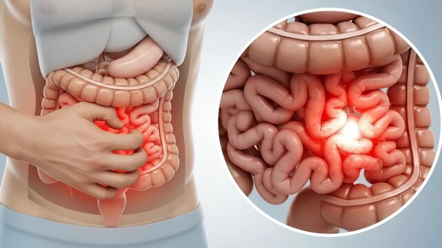 Visual representation of human body suffering from painful intestinal disease, a serious digestive system illness, depicting abdominal discomfort and inflammation requiring medical attention