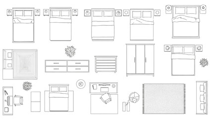 Obraz premium Top View Bedroom Furniture CAD Symbols Set, 2D Floor Plan Vector Icons for Interior Design Layout and Sleeping Room Planning