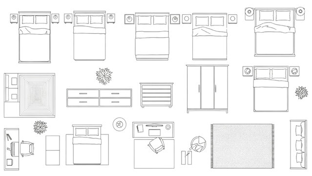 Top View Bedroom Furniture CAD Symbols Set, 2D Floor Plan Vector Icons for Interior Design Layout and Sleeping Room Planning