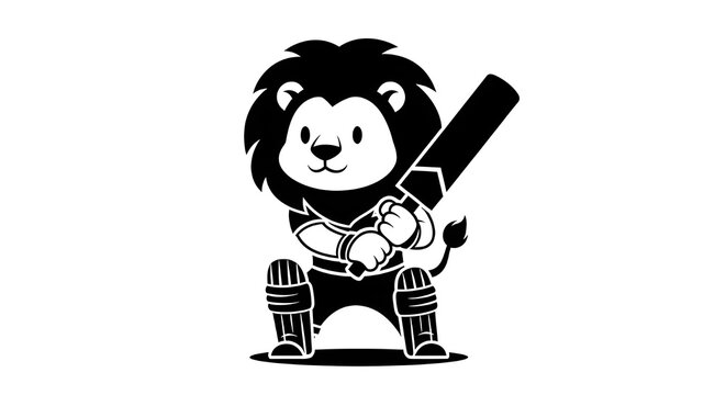Lion cricket batsman mascot in black and white