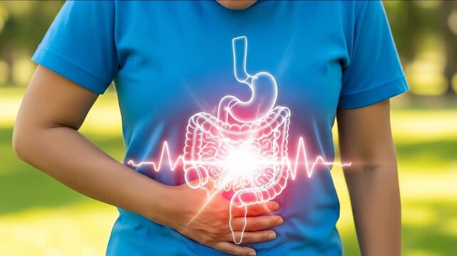 Person experiencing severe abdominal pain, symbolizing intestinal disease, inflammation of digestive system, urgent gut health condition, human body medical concern