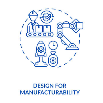 Design for Manufacturability: A visually engaging illustration showcasing the concept of 'Design for Manufacturability,' with a focus on streamlining processes, with a factory worker, robotic arm.