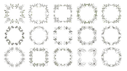 Fototapeta premium Elegant collection of hand-drawn floral wreaths and frames with delicate leaves and flowers for wedding or invitation designs.