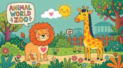 Obraz premium Colorful Cartoon Illustration of Animals in a Happy Zoo Landscape