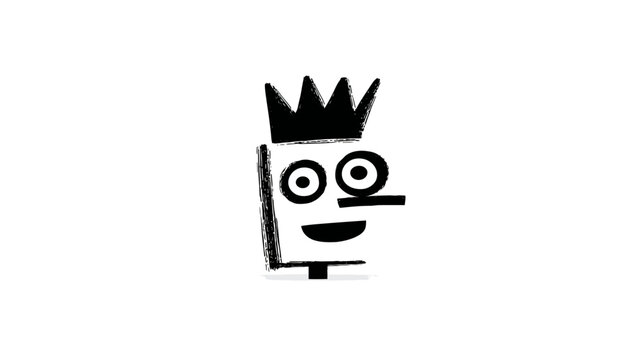 Black and white illustration of a stylized character with crown, eyes, mouth, and a simple body on white