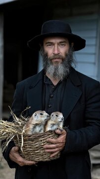 Mormon man, devout elder, traditional clothing, strong beard, holding prairie dogs, rustic background, spiritual life, simple living, religious community, American culture