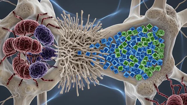 Microscopic CGI View of Healthy Bone Tissue and Osteoblasts Cells in Motion Cellular Biology Research Animation