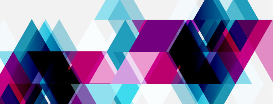 Abstract geometric pattern. Overlapping triangles create dynamic visual texture. Shades include blue, purple, pink, black. Modern design element.