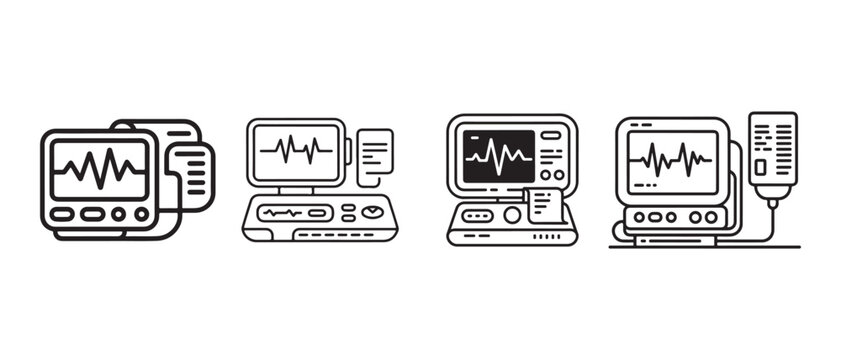 Medical Monitoring Devices Set, Fetal Heart Monitor and ECG Line Icons.