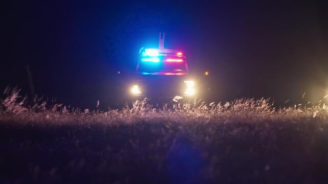 Police lights and headlights glowing at night on dark road creating strong cinematic emergency scene with vivid colors and intense atmosphere