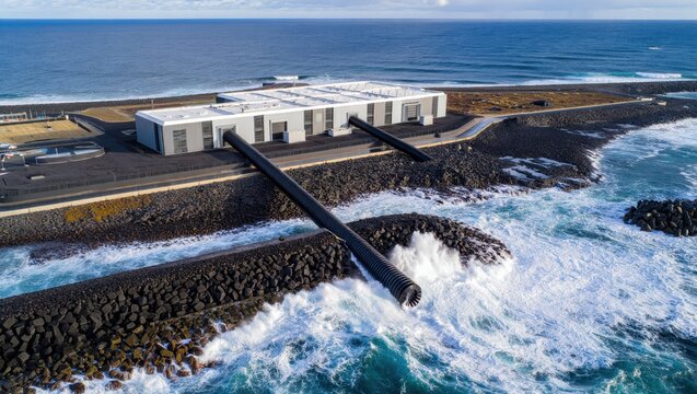 Aerial view of modern coastal data center with ocean waves crashing against reinforced seawall in winter