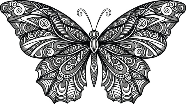 Intricate mandala style butterfly vector illustration with detailed zentangle patterns for adult coloring book pages and decorative nature design elements.