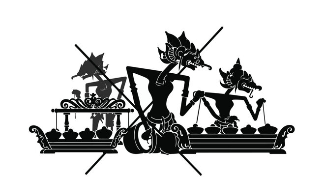 Traditional Indonesian shadow puppets perform on a stage with musical instruments.