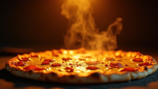 Crispy golden pizza rotating slowly with melting mozzarella stretching, steam rising, dark rustic brick oven bokeh background, 85mm cinematic food photography warm tones