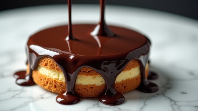 Glossy dark chocolate being poured over layered cake, thick stream dripping slowly, white marble bokeh background, macro 100mm cinematic food photography rich tones