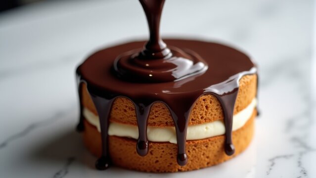 Glossy dark chocolate being poured over layered cake, thick stream dripping slowly, white marble bokeh background, macro 100mm cinematic food photography rich tones